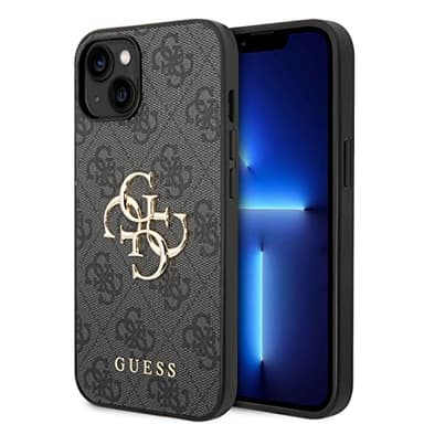 Guess Logotipo Dorado Compatible con iPhone 14 y 13 - Gris, GUHCP14S4GMGGR, Negro