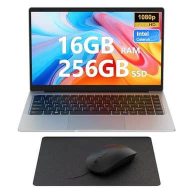 Ordenador Portátil 14,1" FHD, Intel Celeron N4120, 256GB SSD 16GB DDR4 RAM Portatil con 180° Flip 1920 * 1080, 5G/2.4 WiFi, USB3.0, Mini HDMI, TF Card Slot, Laptop con Ratón, Alfombrilla, Upgrade