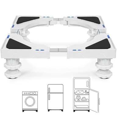 Humagineer Soporte Lavadora Secadora con 4 Patas Suspendidas con Cierre, Ancho Regulable 40-62cm y Altura 10-12.5cm, Base para Lavadora Alta Carga 200KG, Base de Muebles y Exterior, Blanco