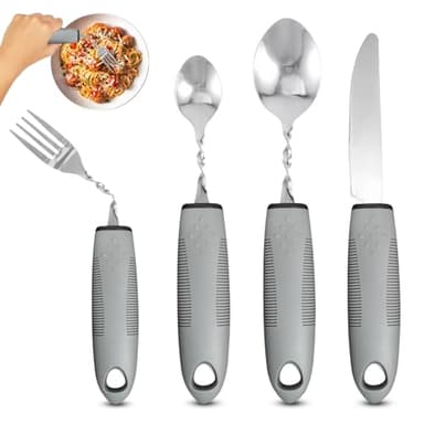 Parkinson Juego de 4 cubiertos adaptativos, cubiertos flexibles, utensilios portátiles, cubiertos para Parkinson, personas mayores, discapacitados, utensilios para comer, cubiertos antideslizantes