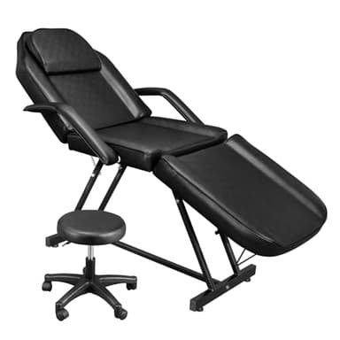 Bonnlo Camilla Masaje Ajustable, Camilla Masaje, Cama de Masaje, con Taburete con Ruedas, Taburete Giratorio con Ruedas 360° para Salones de Belleza, SPA y Peluquerías, Negro