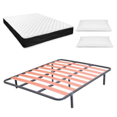 amuéblate online Cama Completa con Colchón Venus Reversible + Almohada/s + Somier de Láminas Basic con Patas, Acero aleado, Gris, 150 x 190 cm