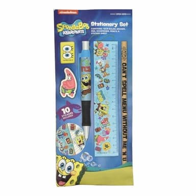 Blue Sky Studios Set de Escritura de Bob Esponja, Set de Escritura de 6 Piezas con bolígrafo, Goma de borrar, Regla y compañía, Idea de Regalo Ideal para Todos los Fans de Bob Esponja