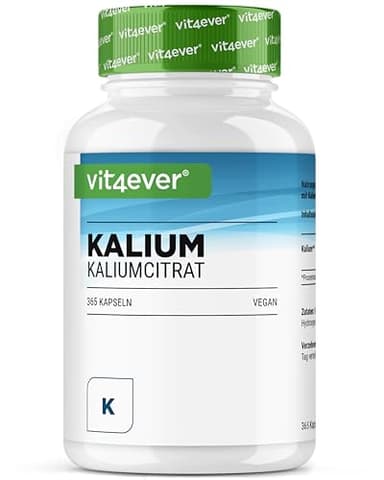 Potasio - 365 cápsulas con 800 mg de potasio elemental (procedente del citrato de potasio) por ración diaria - 100% citrato de potasio - Sin aditivos - Vegano