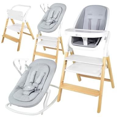 Twinly - Trona Evolutiva Bebé Set con hamaca 5 en 1 Multifunción Alaia: Hamaquita, Torre de Aprendizaje, Silla - desde Nacimiento 0m+ -Plegable y Ergonómica Madera Haya - Arnés con protector