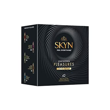 SKYN Unknown Pleasures (paquete de 42): surtido de condones sin látex de superficie lisa y texturizada para hombres, tecnología SKYNFEEL, lubricados, ancho nominal de 53 mm
