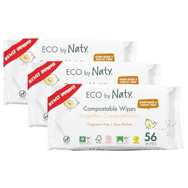 Eco by Naty Toallitas para bebé sin perfume - Toallitas húmedas 100% compostables y de origen vegetal, buenas para bebés y recién nacidos de piel sensible (168 unidades - 3 paquetes de 56)