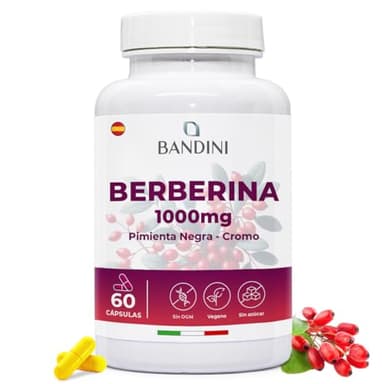 Bandini® Berberina 1000 mg Pura - Con Cromo y Pimienta Negra para una mejor absorción - El mejor extracto concentrado de Berberis Vulgaris - Control de la glucosa y triglicéridos - 60 cápsulas veganas