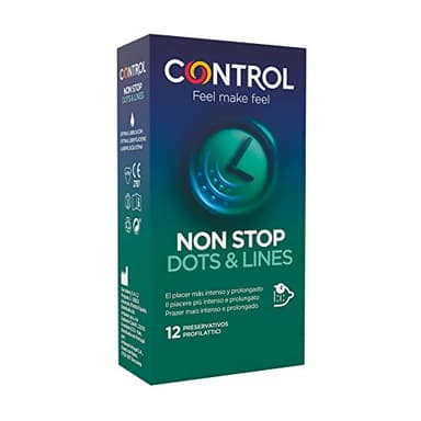 Control Preservativos Non Stop Dots & Lines - Caja de condones, Con puntos y estrías para la estimulación, efecto retardante, perfecta adaptabilidad, 12 unidades