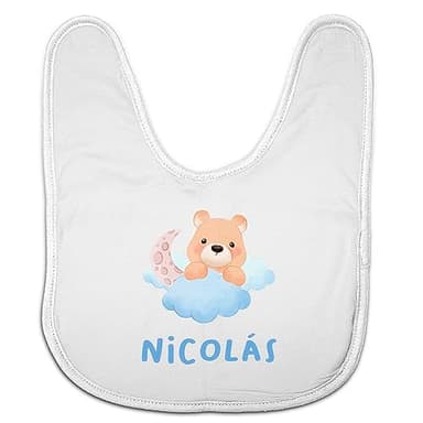 LolaPix Baberos bebé recién nacido. Babero personalizado con nombre. Baberos originales. Babero infantil cierre velcro. Regalos personalizados. Regalo original. Osito nubes