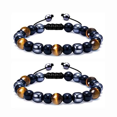Pulsera triple protección para mujer, 2 piezas, pulsera de piedra natural, ojo de tigre, hematita obsidiana negra, pulsera, trae buena suerte y prosperidad, pulsera unisex amuleto de la suerte, como