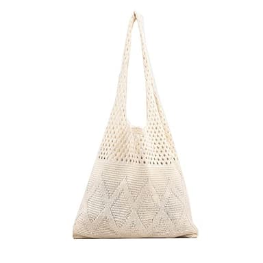Bolsos de ganchillo para mujer, de punto, estilo hobo, de verano, estético, de ganchillo, bolso de hombro casual, beige, 14.2*14.2inches