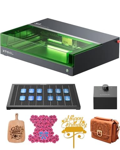 xTool S1 10W Grabadora Laser Basic Kit, Cortadora Laser Negro Cerrada con Asistencia Aire y Panal de Abeja, Enfoque Automático, Punto Laser 0.04 x 0.06mm, Grabado para Madera Metal Acrílico Cuero