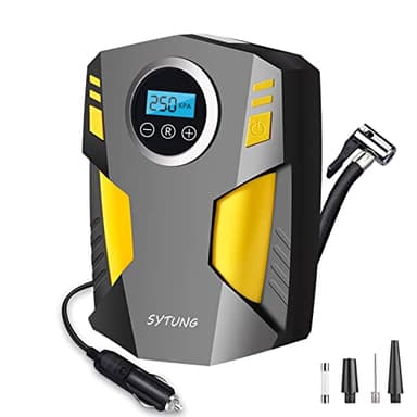 SYTUNG Inflador Ruedas Coche, Compresor Aire Portatil de Neumáticos de Coche con 3 Adaptadores de Boquilla y Luces LED Digitales, de Aire para Neumáticos de Coche y Otros Inflables
