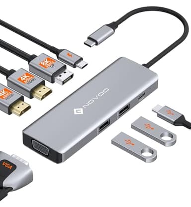 Docking Station USB C con Pantalla Cuádruple, NOVOO 8 en 1 Dual Monitor multiporta Adaptador, DP único 8K@30Hz, HDMI Dual 4K@60Hz, VGA, 2 USB A & USB C, PD 100W para MacBook, DELL, HP, Lenovo