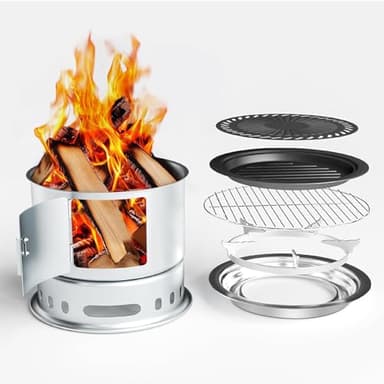 GFTIME Estufa de leña portátil, estufa de cohetes para camping, con placa de parrilla, hornillo de camping para cocinar, calentar y asar, estufa de camping, estufa de leña para horno holandés