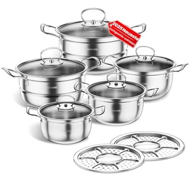 Juego de ollas de acero inoxidable, juego de ollas grandes para inducción, ollas con tapa de cristal y cacerola, 12 piezas, juego de ollas adecuadas para todo tipo de cocinas (gris claro S)