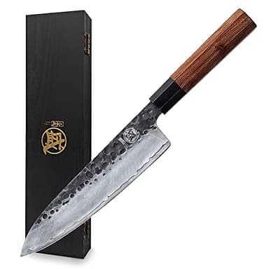 MITSUMOTO SAKARI Cuchillos Cocina Gyuto, Cuchillo Japones de Acero de Alto Carbono, 20 cm Cuchillos Cocina Profesional Forjados a Mano (Mango de Palo de Rosa y Caja de Regalo)