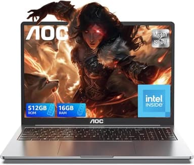 AOC Ordenador Portatil con I-ntel N97 (hasta 3,6 GHz), Portátil Computadora 16GB DDR4 512GB SSD Expansión 2TB （Mejor que Celeron） Laptop,WiFi,BT5,Tipo C,USB3.2, HDMI, 15,6" Notebook 1080P Versión 2025