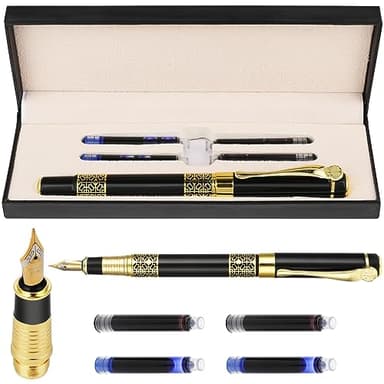 Cobee Juego de pluma estilográfica de lujo, pluma estilográfica de metal de punta media con 2 bolsas de tinta negra y tinta azul pluma de escritura comercial pluma de caligrafía diario firma escuela