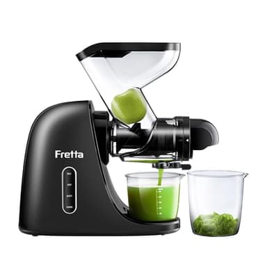 Fretta Licuadora prensado en frío,Extractor de zumos y verduras,Cold press slow juicer machine tolva de 3pulgadas,Motor Silencioso y Función Inversa,SinBPA, fácil de limpiar (Negro)