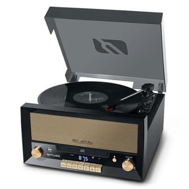 Muse MT-110 B - Micro Sistema CD y radio con Giradiscos Muse tres velocidades, bluetooth, USB y lector de tarjetas SD, caja madera, negro