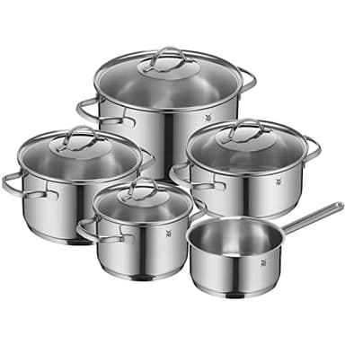 WMF Provence Plus - Batería de Cocina 5 Piezas, Acero Inoxidable Apto para Inducción, 1 Cacerola Baja de 20 cm, 3 Cacerolas Altas de 16 cm, 20 cm y 24 cm, 1 Cazo 16 cm con 4 Tapas de Cristal