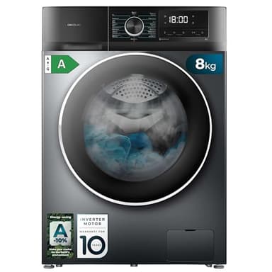 Cecotec Lavadora 8Kg Carga Frontal Bolero Dresscode 8500 Inverter Steel A. 1900W, 1400 rpm, Motor Inverter Plus, Bajo Consumo, 16 Programas, SteamMax, Delay Start, Acero