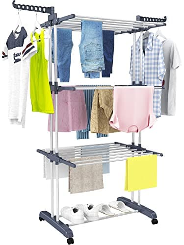 HOMIDEC Tendedero, 4 Niveles Tendederos Plegables Vertical con Ruedas, Acero Inoxidable Tendal para Exterior y Interiores, Gris