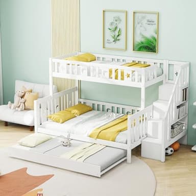 Moimhear Cama infantil de 90 x 200/140 x 200 cm, litera de madera maciza con escalera de seguridad, cama plegable y somier (blanco-1), LDB00078