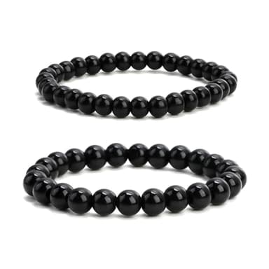 2 Piezas Pulsera de Obsidiana Negra Natural, Pulsera de Turmalina Hilo Elastico con Cuentas de Bolas para Mujer y Hombre Pulsera de Piedras Naturales Unisex (Set A)