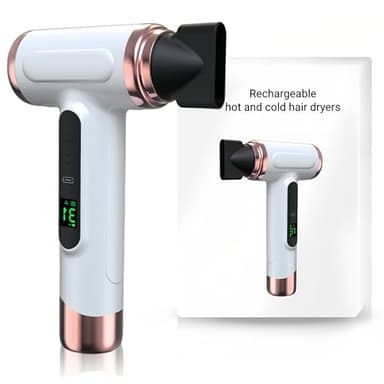Bewinner Pro - Secador de pelo de viaje recargable – 3 velocidades y 3 temperaturas, secador inalámbrico, 15000 mAh, secador portátil con pantalla digital para mujeres en camping, blanco