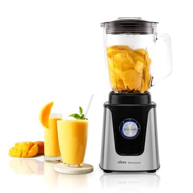 Ufesa Moonstone Batidora de Vaso, 1500W Potencia, Jarra de Cristal 1,5L, Regulador de Velocidad con luz LED, Pica Hielo, 6 Cuchillas Extraibles de Titanio, 2 Velocidades + TURBO
