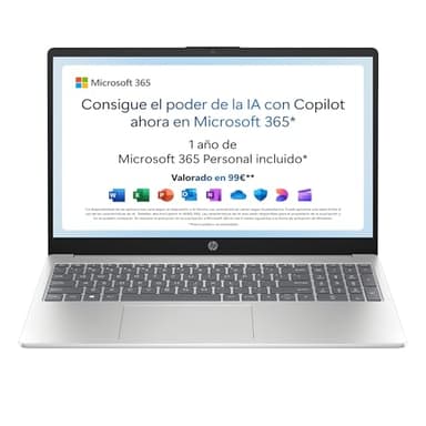 HP 15-fd0186ns - Ordenador portátil de 15.6" FHD (Intel N100, 4GB RAM, 128GB UFS, Intel UHD, Windows 11) Plata - Teclado QWERTY Español - Incluye Microsoft 365 Personal 12 Meses