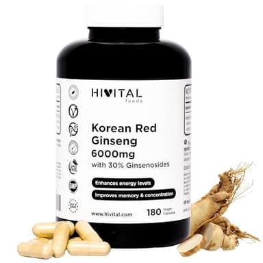 Ginseng Rojo Coreano 6000 mg. 180 cápsulas veganas para 6 meses de tratamiento. Extracto Natural de raíz 15:1 con un 30% de Ginsenosidos por cápsula. Fabricado en España por HIVITAL