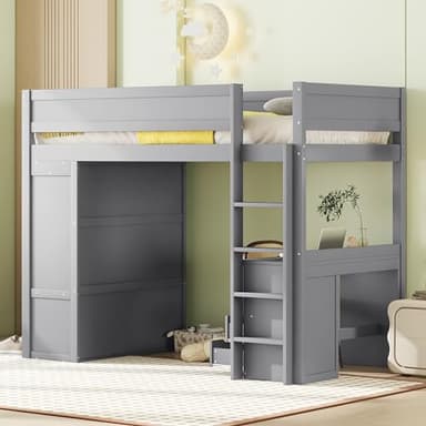 Lexiou Cama alta de 90 x 200 cm, versátil cuna, equipada con armario, escritorio y cajones (gris)