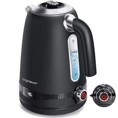Aigostar Loki - Hervidor de Agua con Regulador de Temperatura Regulable 40°C a 100°C, Hervidor Eléctrico Acero Inoxidable 1,7 L, 2200W con Pantalla LED, Función de Calentamiento, Libre de BPA, Negro