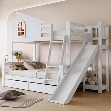 Idemon Litera con ventanas y escalera basculante de cuatro niveles, cama infantil y cama madre con tobogán, con dos cajones, marco de cama de madera maciza, color blanco, 90 x 200 cm y 120 x 200 cm