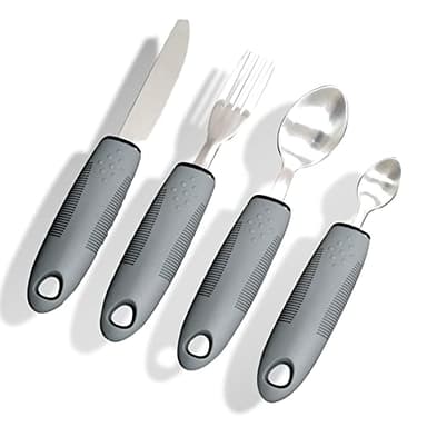 Yuflen Juego de 4 Cubiertos Easy Grip,Juego de Cubiertos Acero Inoxidable con Mangos Anchos Antideslizante Goma con Grip para Ancianos, Artritis, Parkinsons y Discapacitados