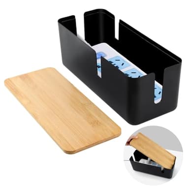 VFANDV Caja de Almacenamiento para Cables con Tapa de Bambú, Caja Organizadora para Ocultar Cables Organiza el Cableado del Ordenador y los Cables Sueltos (Negro)