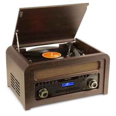 Fenton Nashville - Tocadiscos de Vinilo con Bluetooth Dab/FM, Madera Oscura, Reproductor de CD y MP3, USB, Toma de Auriculares, Salida Jack RCA de 3,5 mm, Ideal para Escuchar tu música Favorita