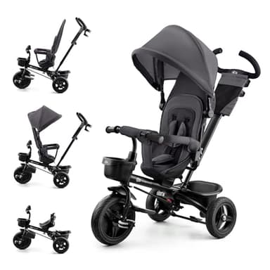 Kinderkraft AVEO Triciclo Bebé, Plegable, Trike, Bicicleta para Niños, Triciclo Evolutivo, Triciclo Sin Pedales, Bicicleta Bebe, Con Accesorios Práctico, Dos Cestas, 9 Meses a 25 kg, Gris