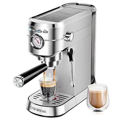 CASABREWS Cafetera Expresso y Capuccino, 20 Bares Café Expreso Manual con Manómetro, Barista Cafetera Cafe Molido, Depósito Extraíble de 1L, Portafiltros con Doble Salida y 2 Filtros, 1350W, Inox