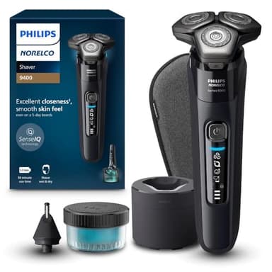 Philips Norelco Shaver 9000 exclusivo de Amazon con estación de limpieza de afeitadora, accesorio de recortadora de nariz de clic y funda de viaje, S9606/80