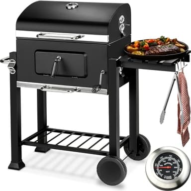 tectake® Barbacoa de Carbón con Tapa, Parrilla Acero Inoxidable, Ahumador BBQ, Abridor de Botellas, Cajón de Cenizas, Estante Lateral Plegable, Termómetro Integrado, 2 Ruedas Grandes