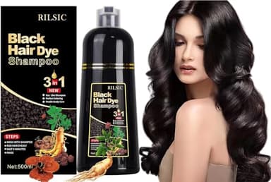 RILSIC 500ML Champú Tinte Pelo Negro,Black Hair Dye Shampoo Champú 3 en 1,Champú Color Negro Champu Tinte Canas Instantáneo Cubre Canas,Tinte Pelo Barba Champu Canas,Hair Color para Hombres Mujeres