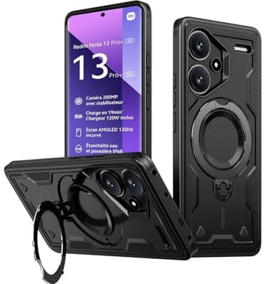 KANSi Funda para Xiaomi Redmi Note 13 Pro Plus 5G / Note 13 Pro+ 5G, Anti Golpes Carcasa Protectora Resistente con Anillo Soporte Giratorio - Capa Negro