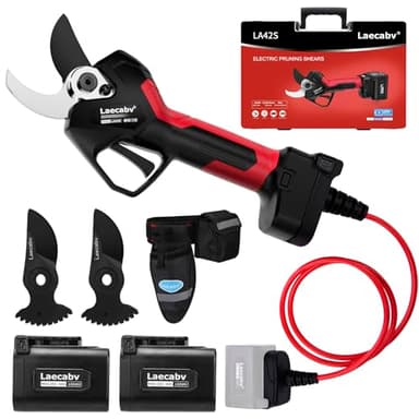 Laecabv Tijeras de Podar Eléctricas, 42mm Tijeras Profesional con 2 Piezas 25V/4Ah Litio Recargable Batería, Motor sin Escobillas, Para ramas de jardín, viña, Olivar