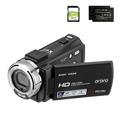 ORDRO Cámara de Video de Visión Nocturna Cámara Vlogging Youtube Full HD 1080P 16X Videocámara con Zoom Digital con 2 Baterías y Tarjeta SD de 16GB