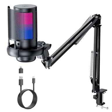 QIUOIO Microfono pc Gaming RGB: Micro Streaming para pc - Microfono Gaming con Brazo - Micrófono USB para Podcast - Microphone Gamer - Microfono con Ajustar El Volumen - Mute Touch